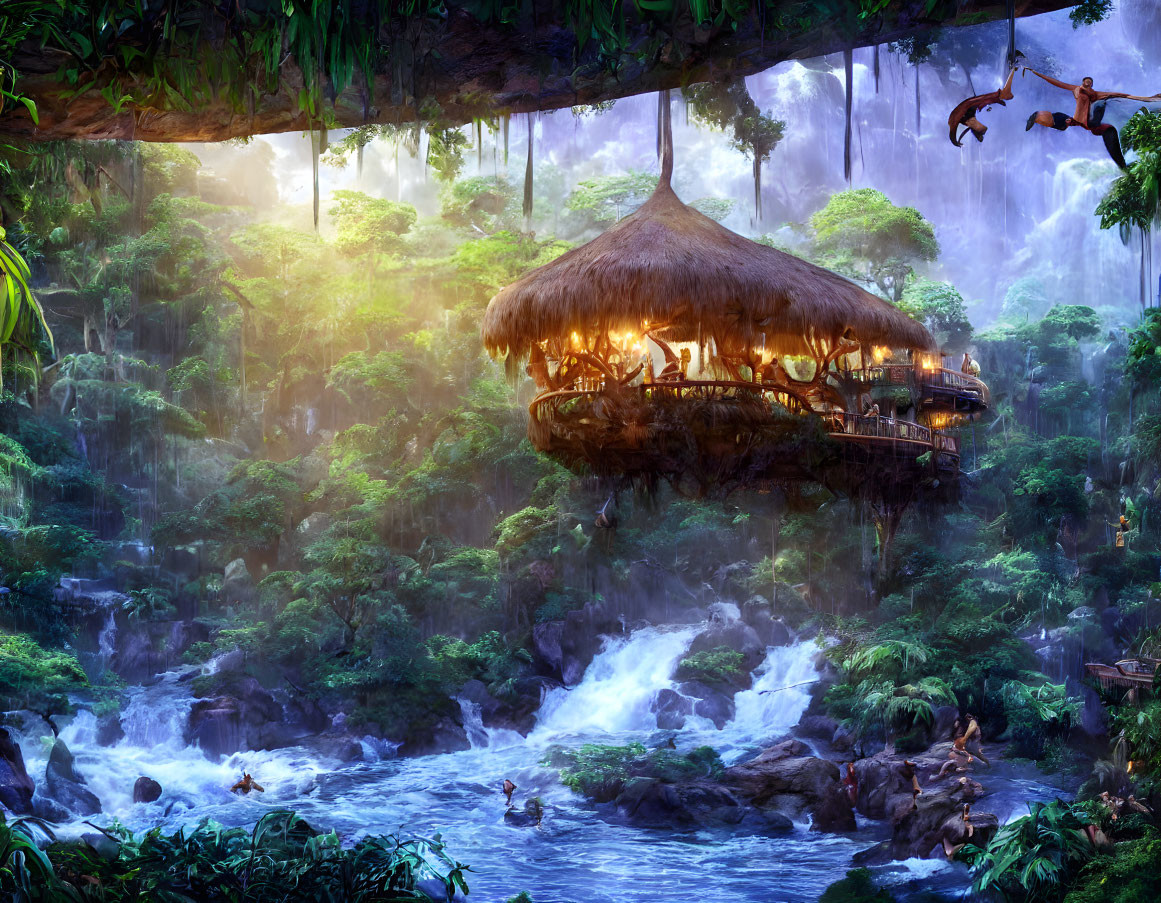 Thatched roof treehouse in lush jungle by river