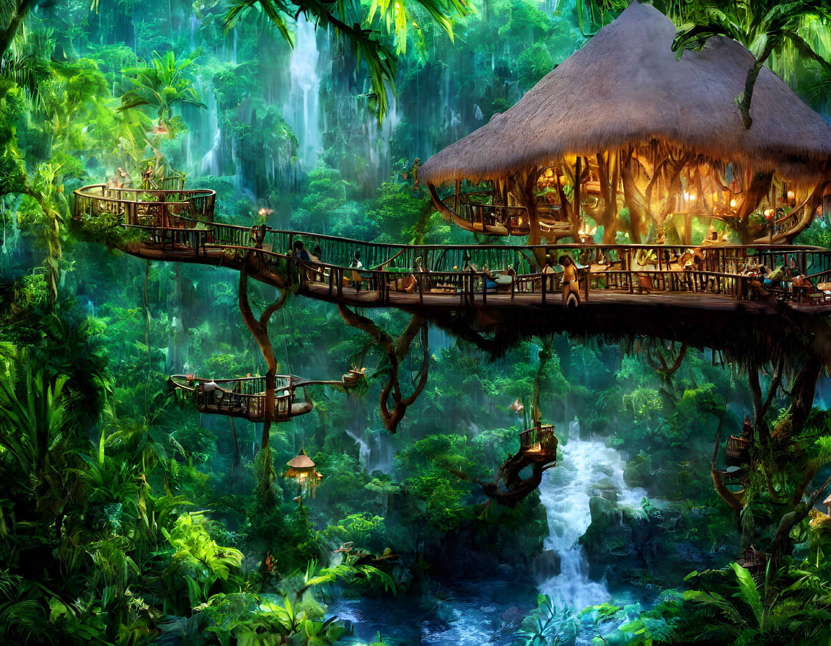 Treehouse connected by bridges in lush jungle with waterfall