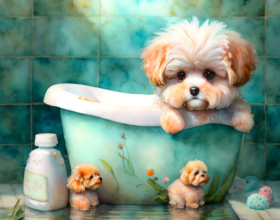 Brown and White Puppy in Small Bathtub with Toy Duplicates