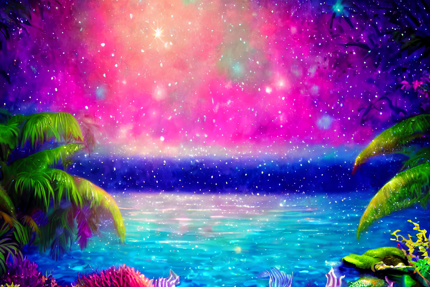 Colorful Tropical Night Scene with Nebula Sky Above Ocean