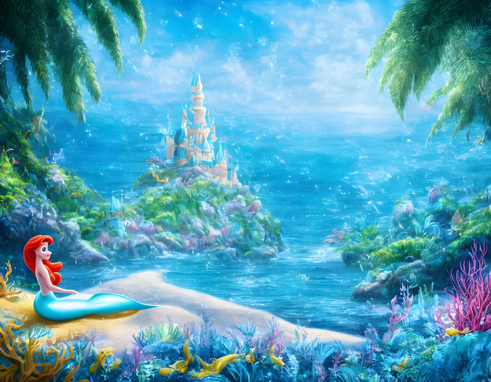 Mermaid on shore with vibrant underwater kingdom & lush greenery