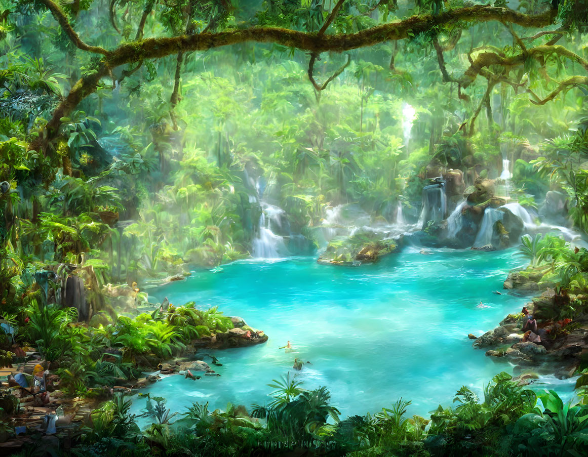 Misty jungle scene with waterfalls and turquoise pool surrounded by lush greenery