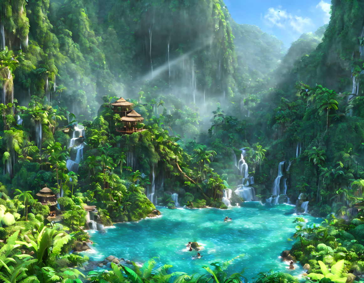 Lush Jungle Scene with Waterfalls and Blue Lagoon