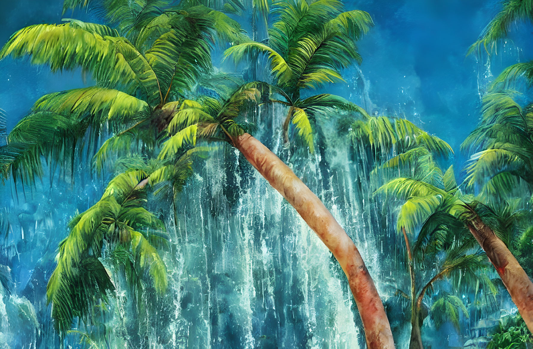 Tropical waterfall scene with tall palm trees and lush greenery