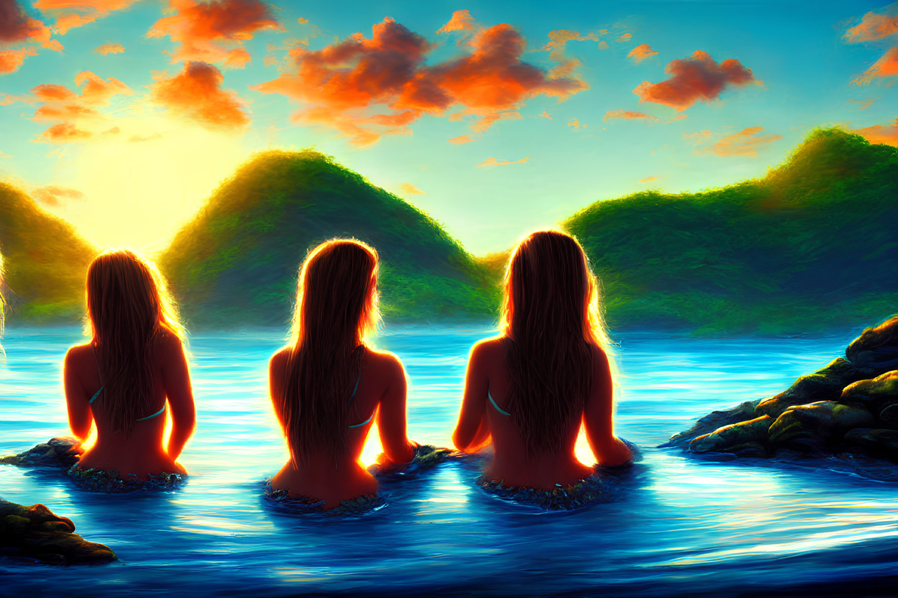 Three women sitting in water at sunset with hills, clouds, and colorful sky reflected