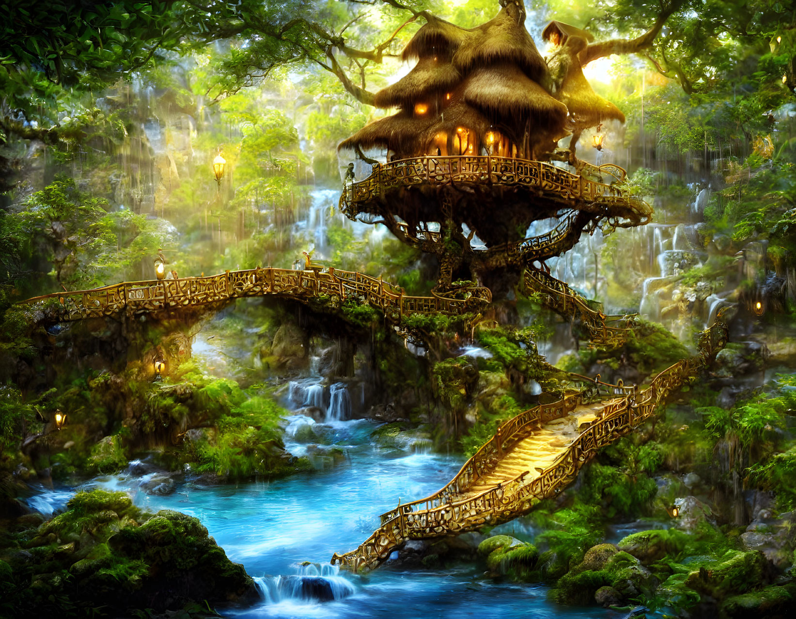 Mystical forest scene with treehouse, bridges, waterfalls, and lanterns