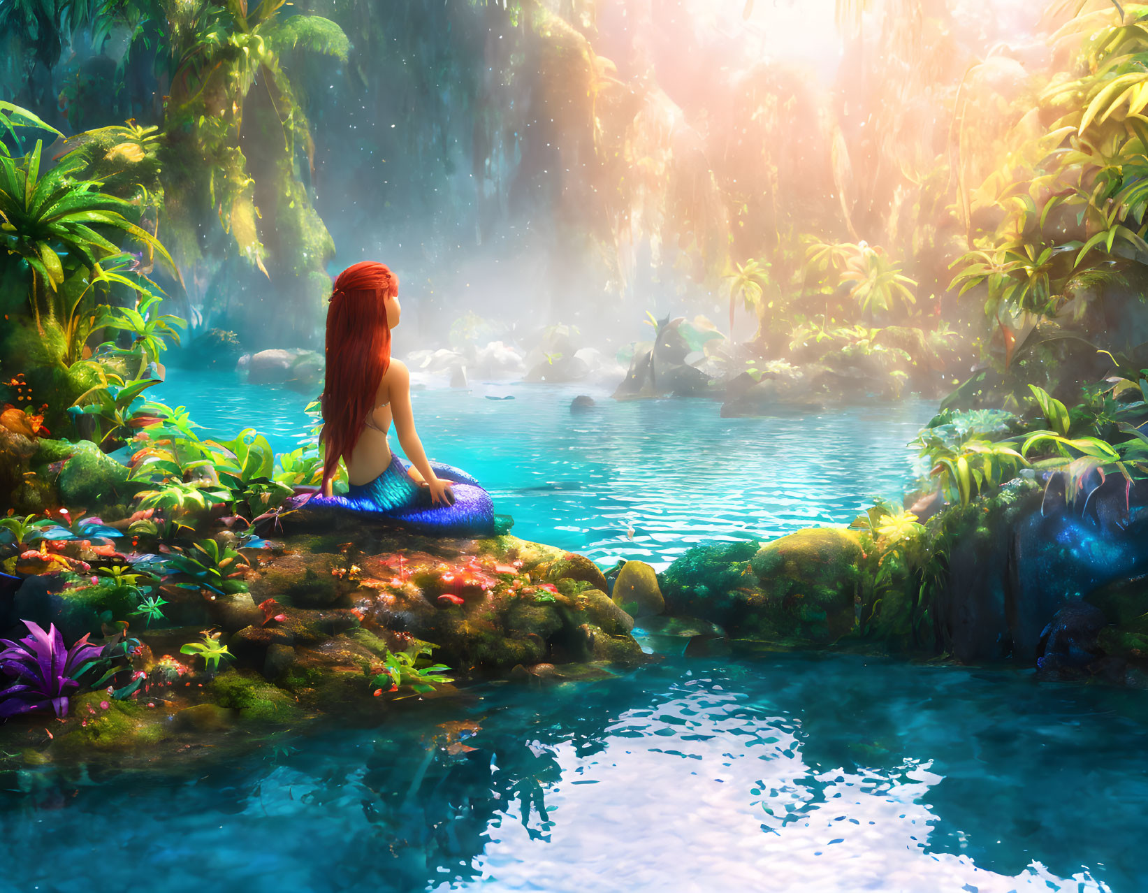 Red-haired woman in serene fantasy setting by luminous blue pond