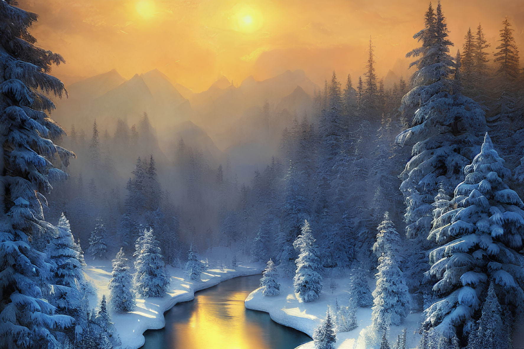 Snow-covered trees and river in serene winter landscape