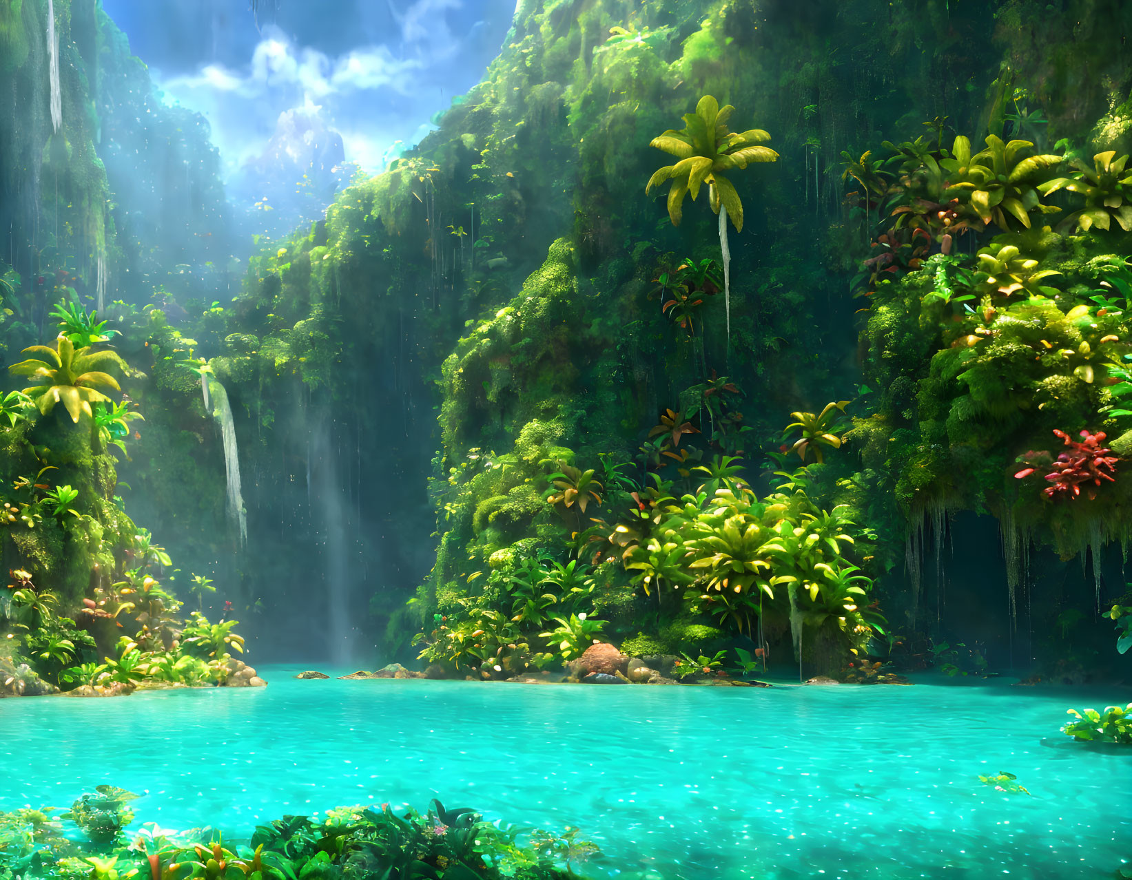 Tropical paradise: waterfalls, greenery, turquoise waters, sunlit mist