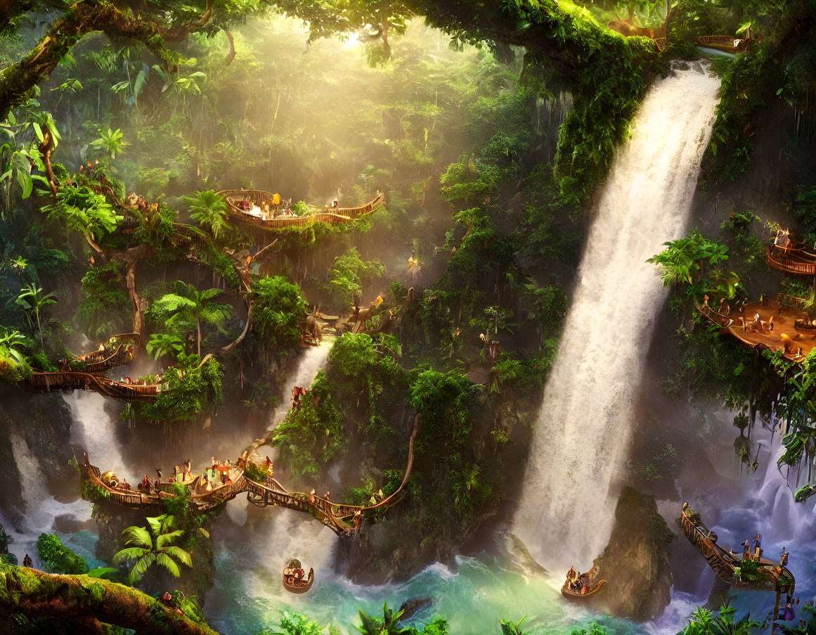 Lush Jungle Waterfall with Wooden Bridges and Treehouses