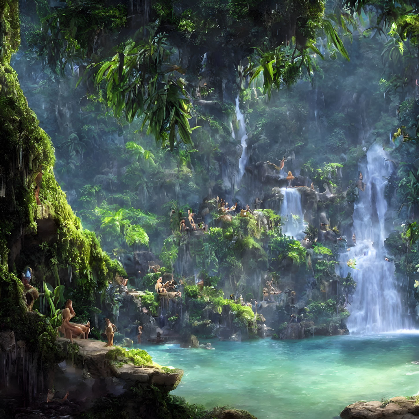 Tranquil Jungle Scene with Waterfalls and Wildlife