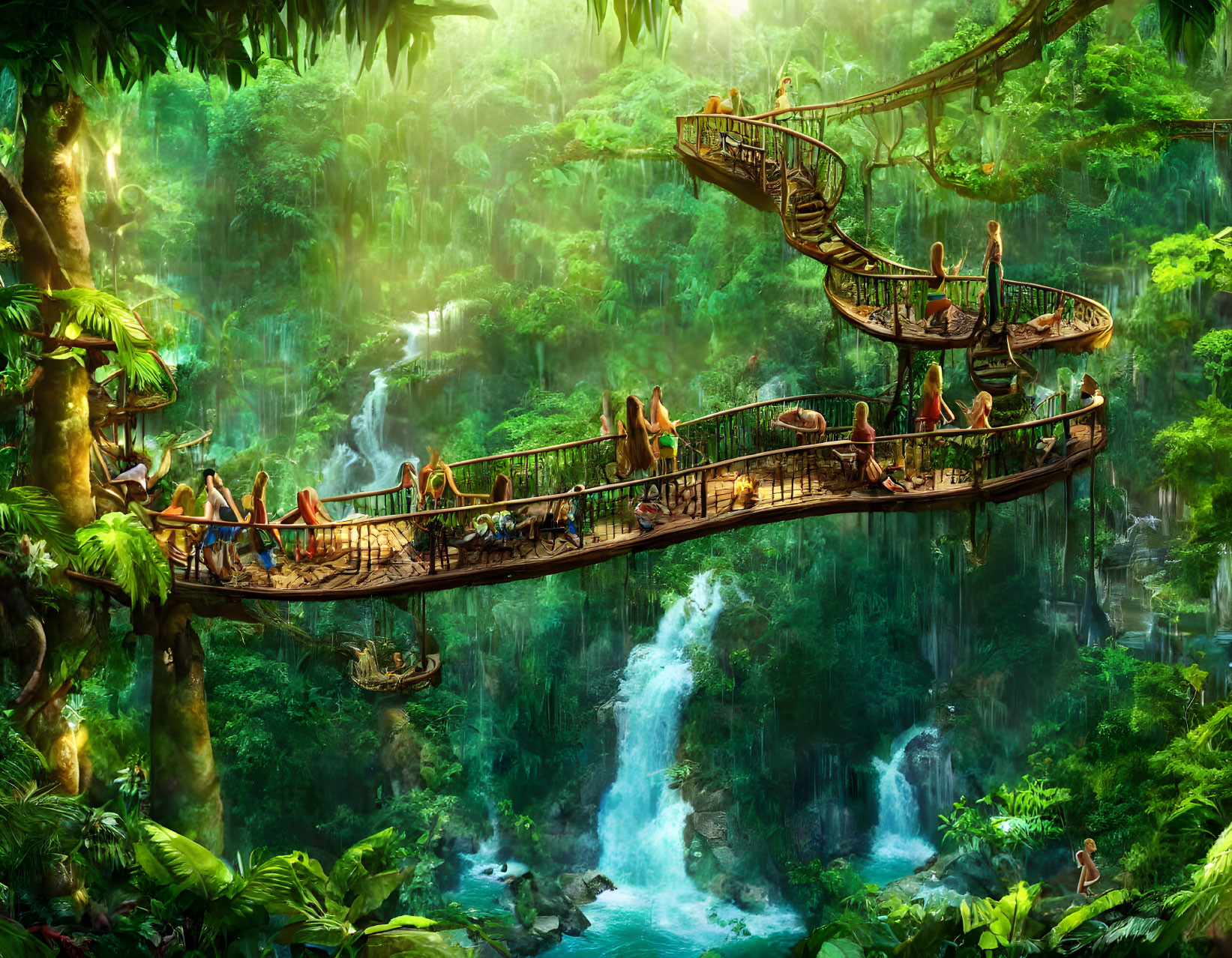 Enchanted forest with greenery, waterfalls, wooden bridges & whimsical characters