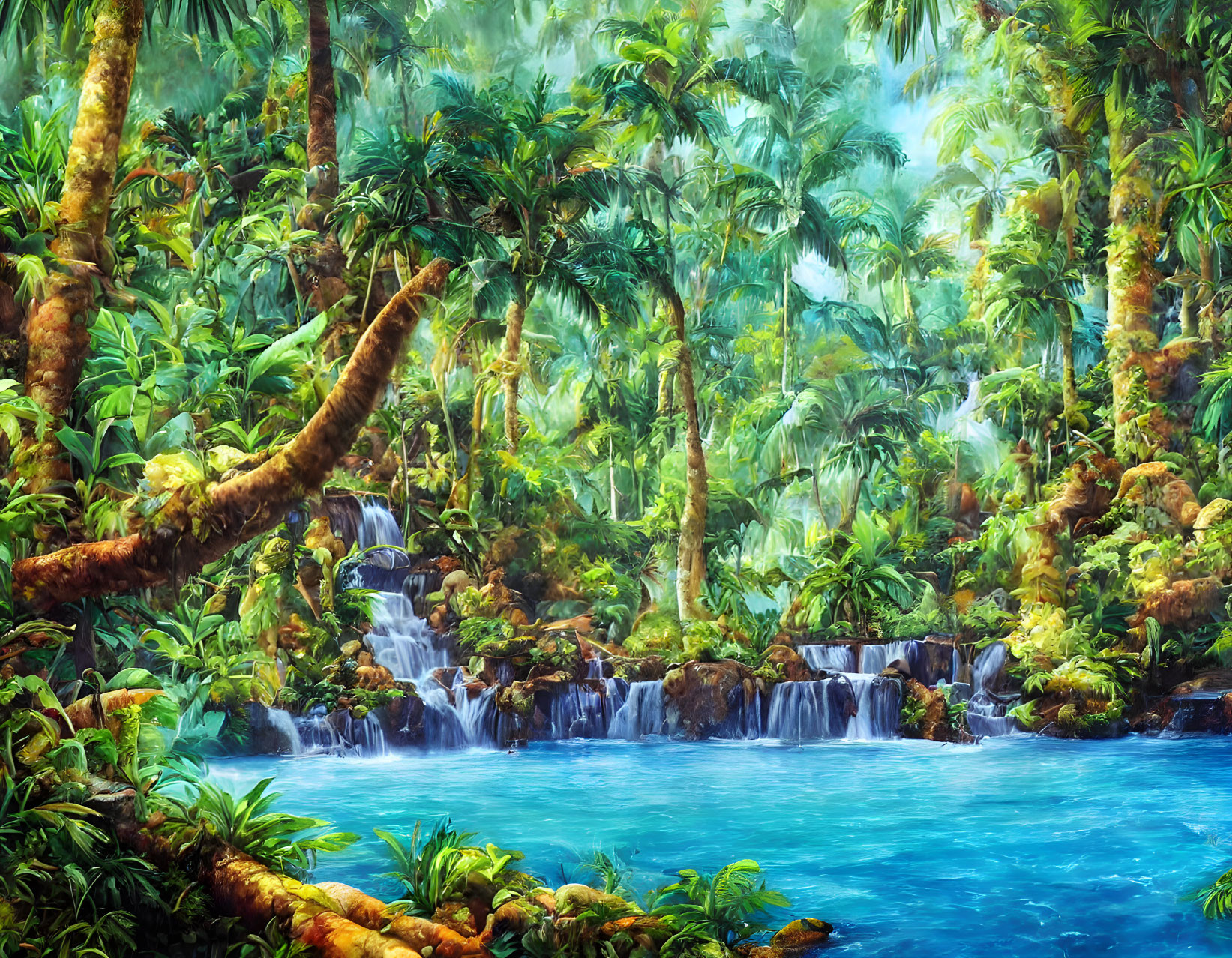 Vivid Tropical Rainforest Painting with Waterfalls and Blue Pool