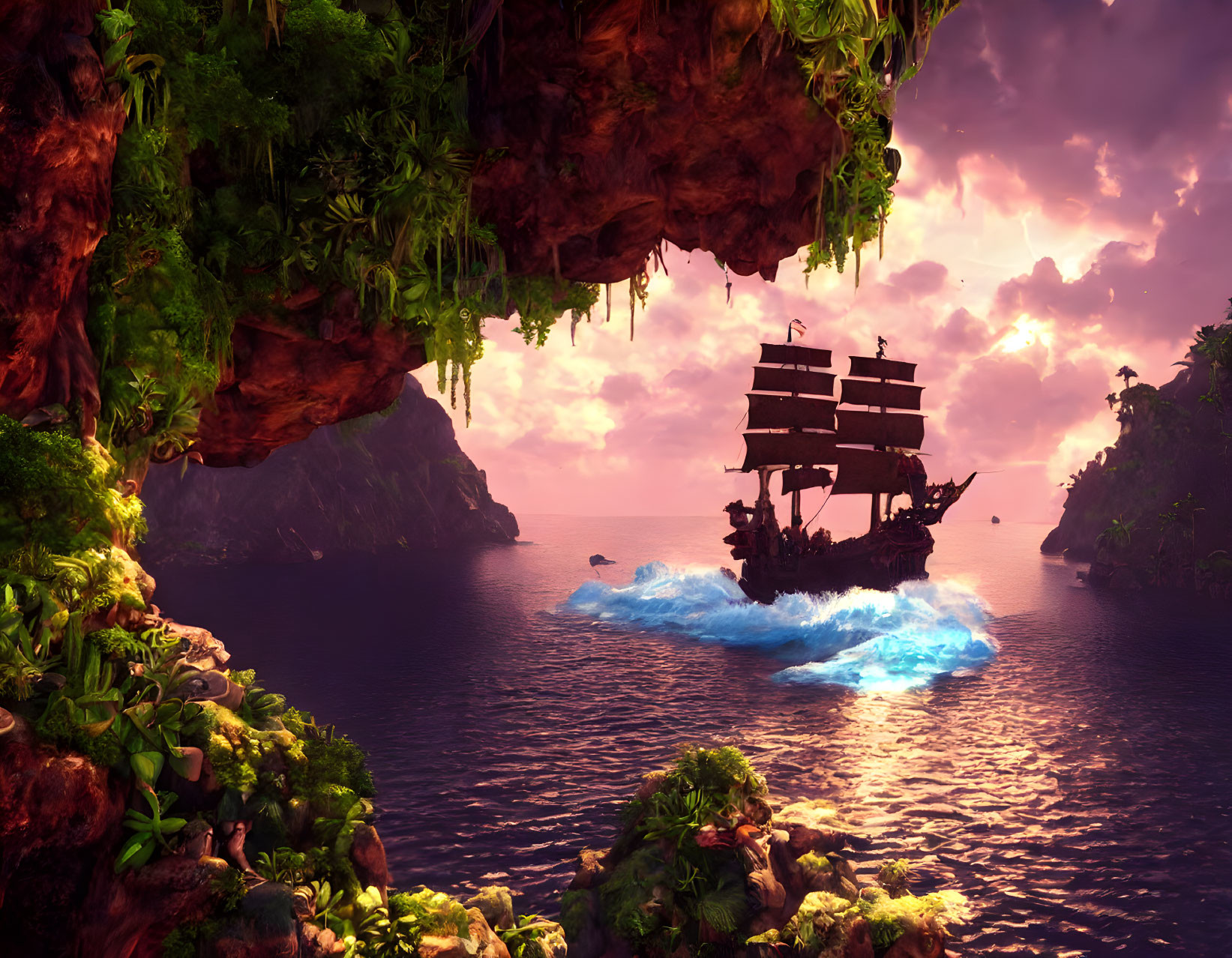 Pirate ship sailing in tranquil cove at sunset