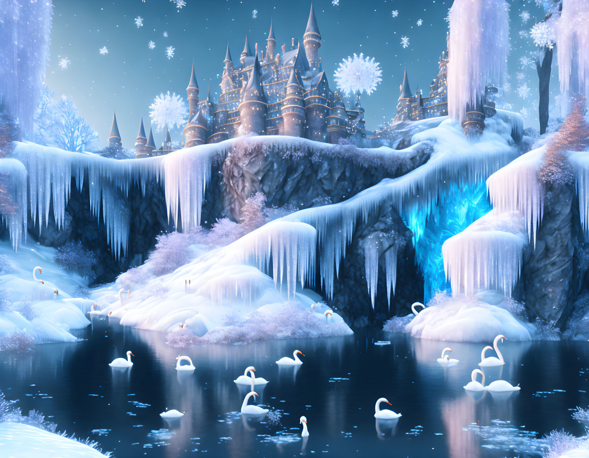 Snowy landscape with swans, icicles, and castle in winter