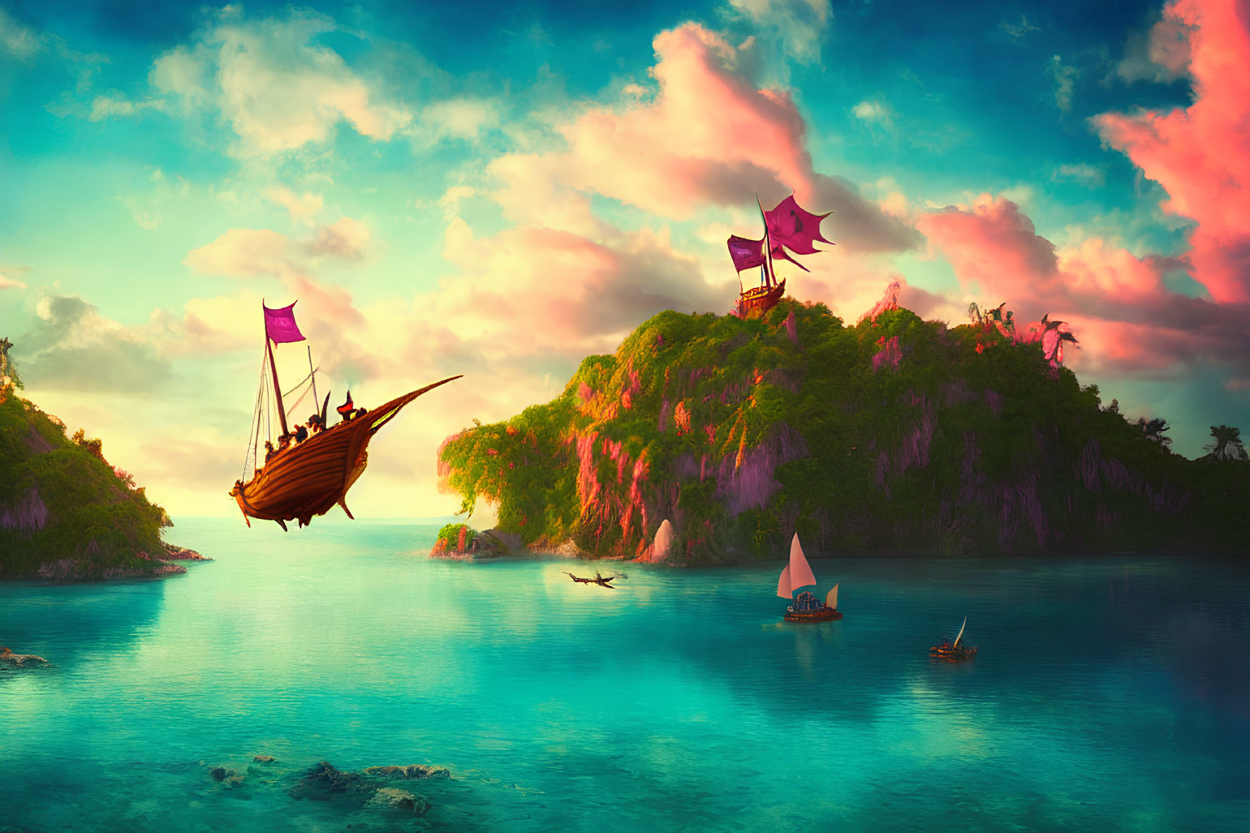 Colorful fantasy seascape with grand ship, purple sails, small boats, lush islands, and dramatic