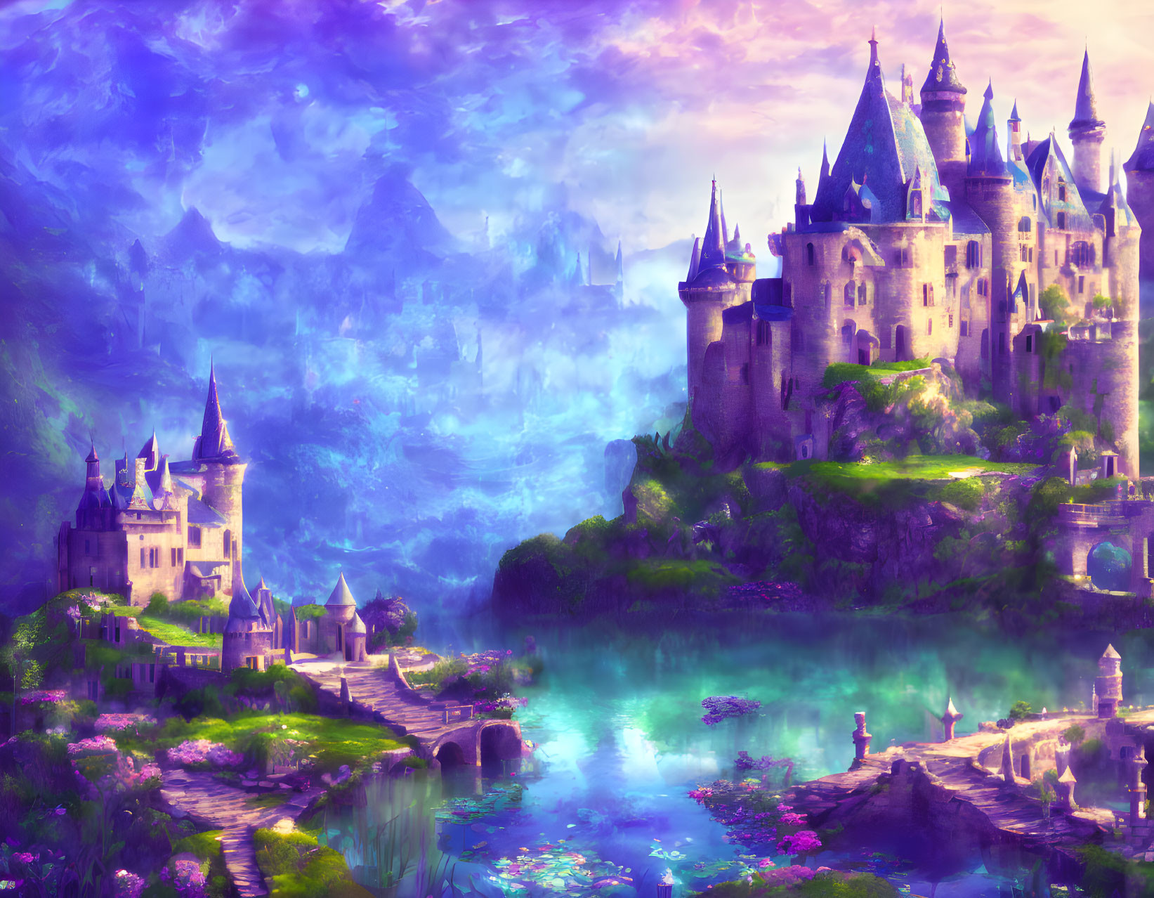 Majestic castle on hill with colorful flora and serene lake