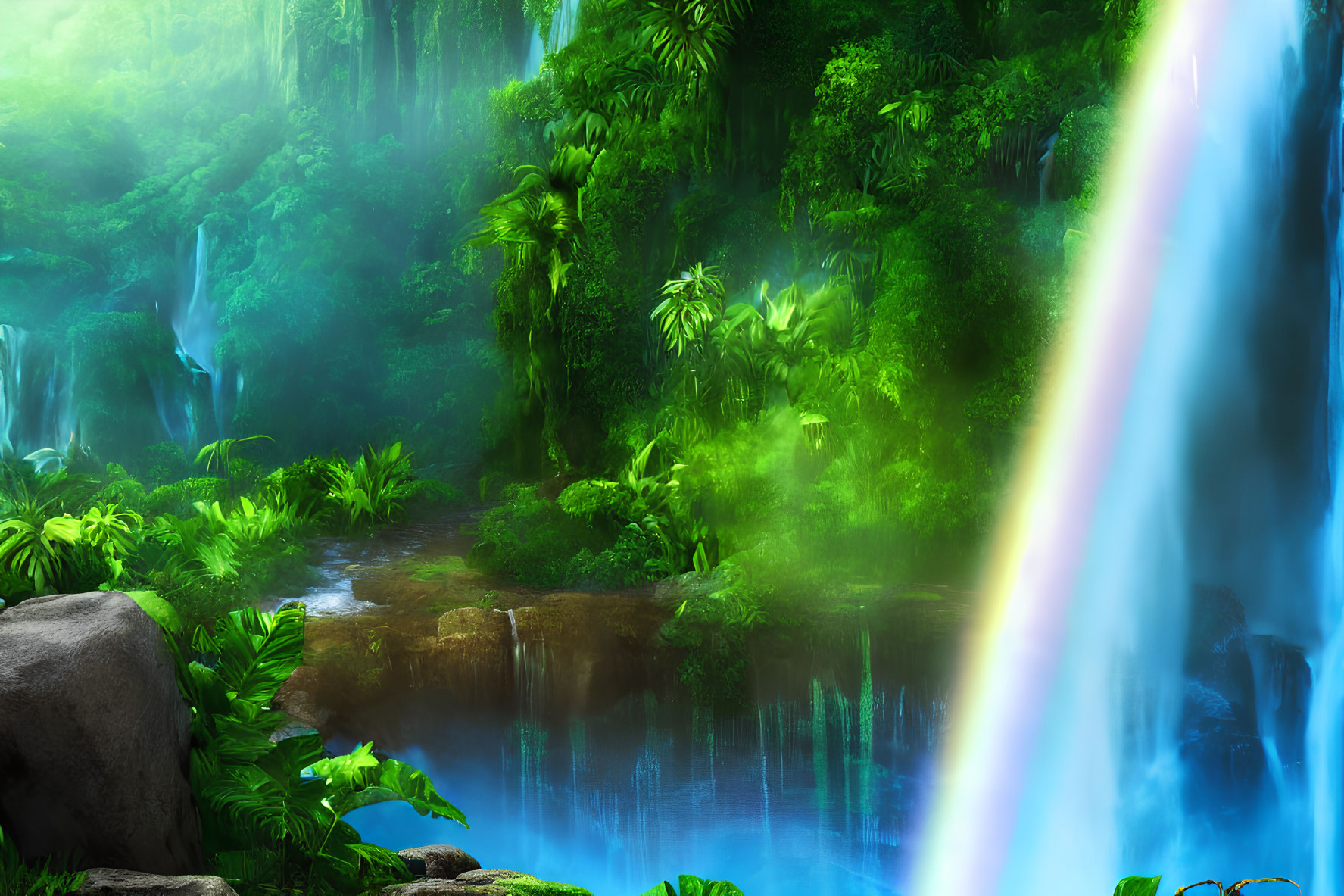 Lush jungle with waterfall in misty sunlight