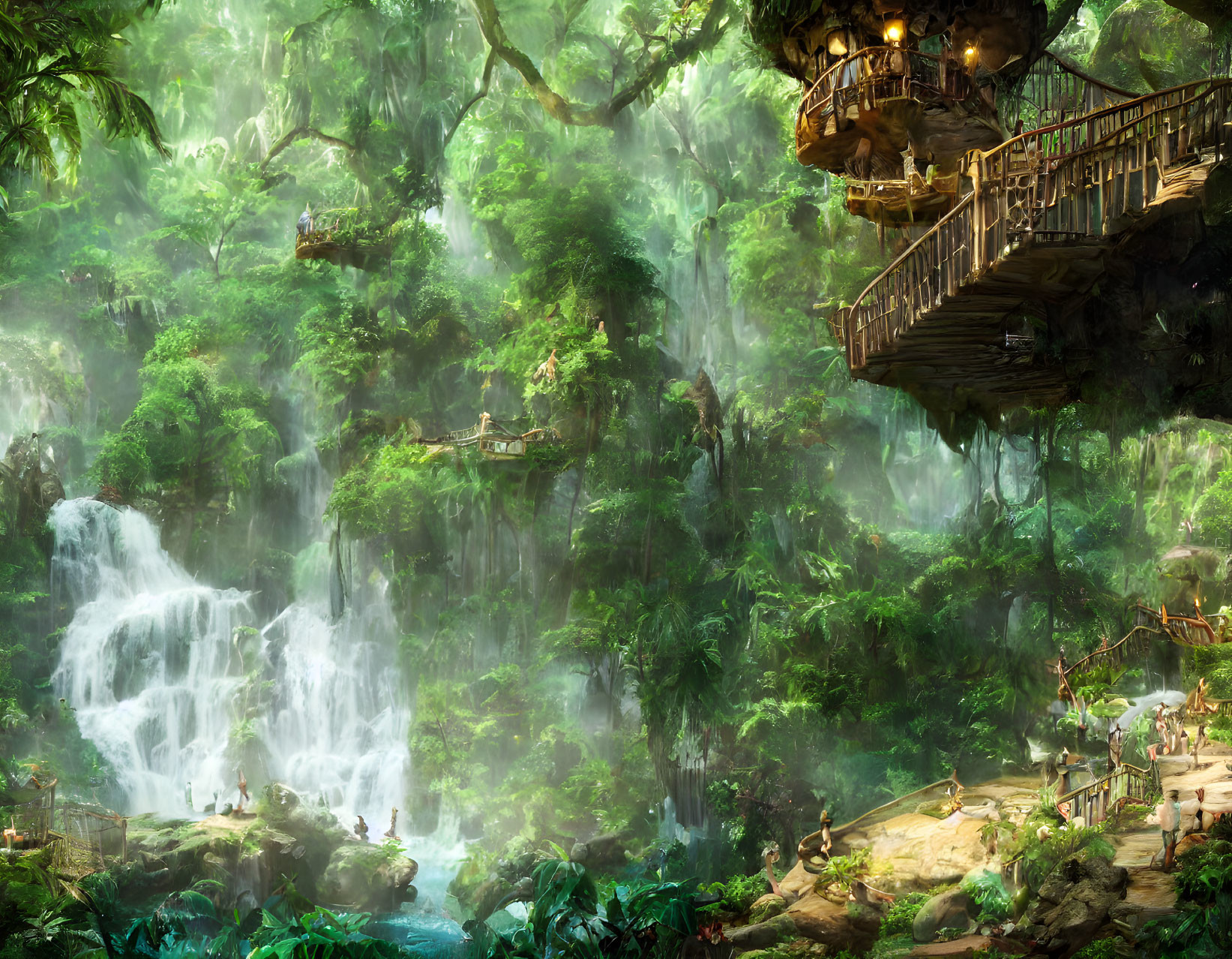 Verdant forest with waterfalls, treehouses, and bridges in misty setting