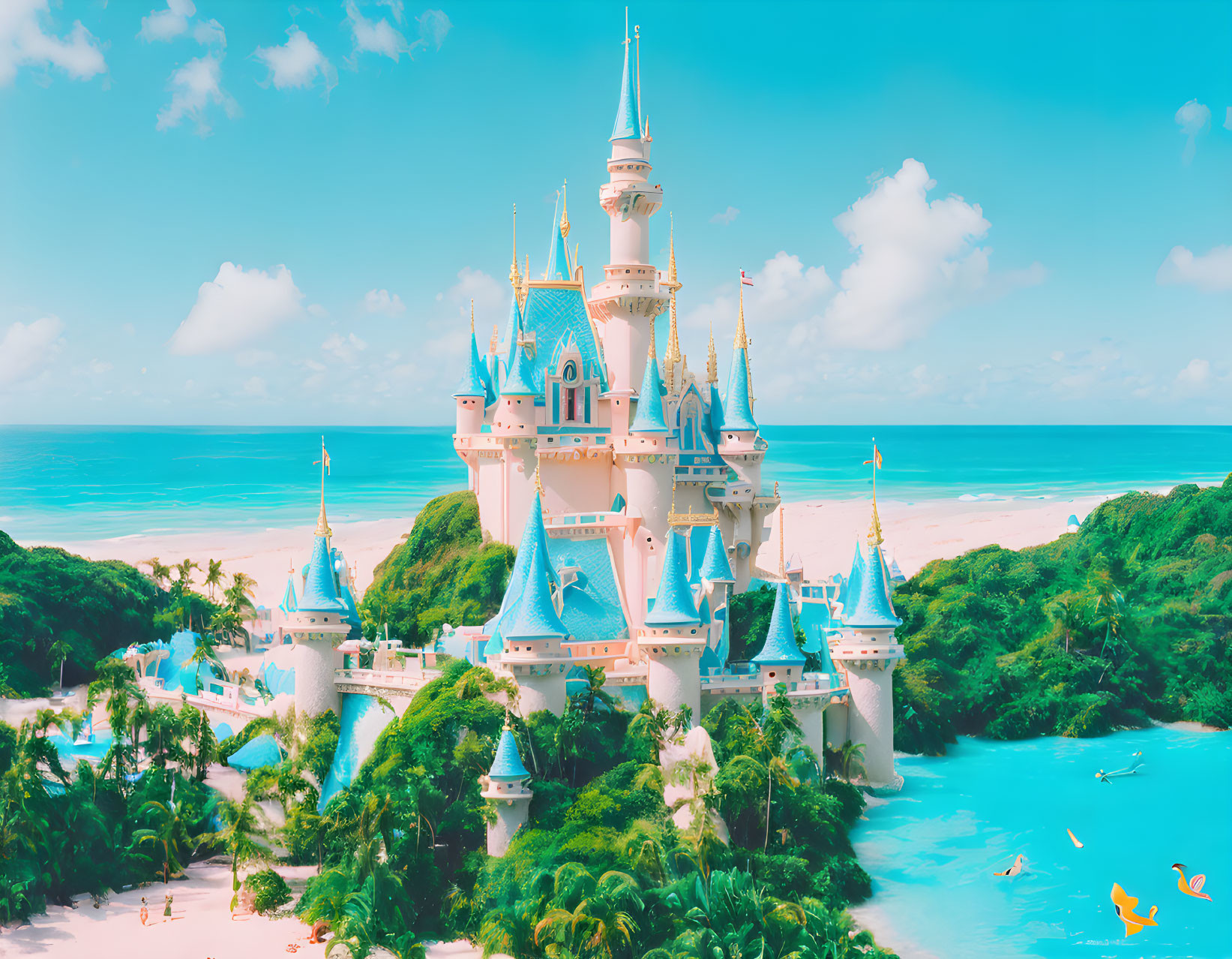 Castle with turrets and flags by tropical beach with clear blue waters and water activities