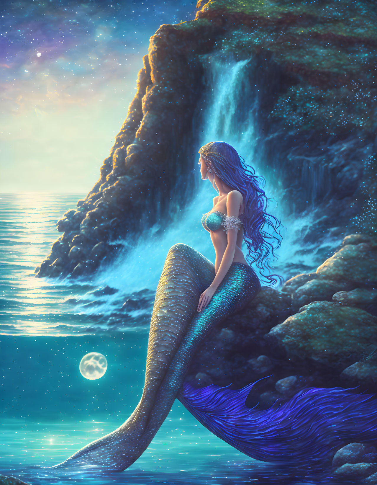 Mermaid with Long Blue Hair on Rock by Sea at Twilight