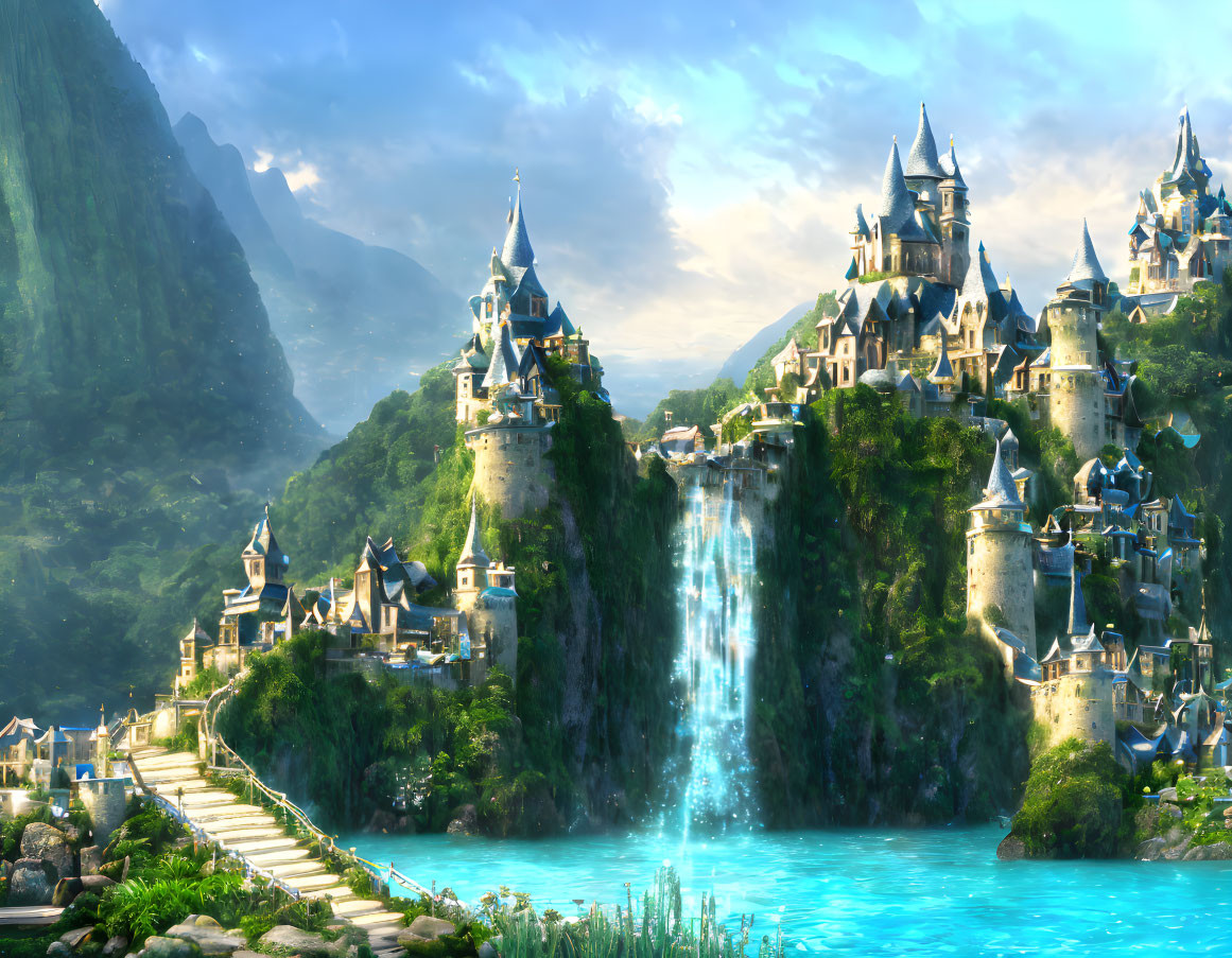 Fantastical landscape with waterfalls, turquoise lake, castles, and mountains