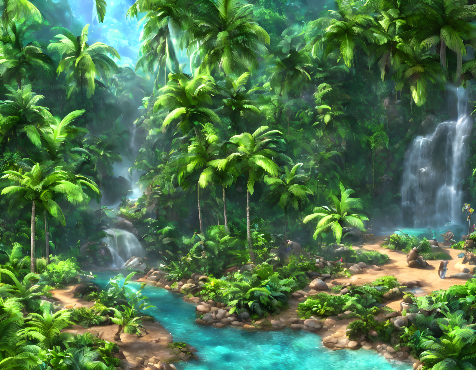 Tropical jungle with waterfall, river, palm trees, and lush foliage