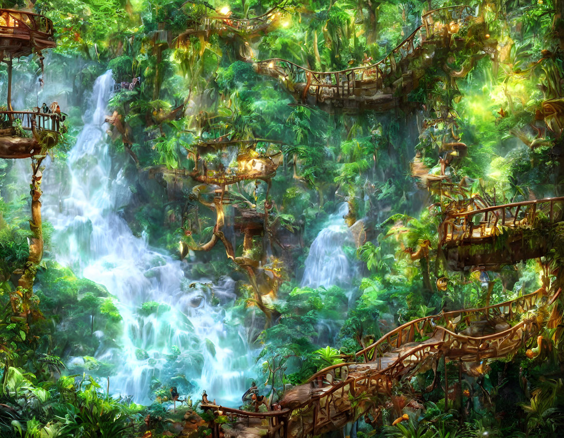 Enchanting fantasy forest with waterfalls, bridges, and mystical light