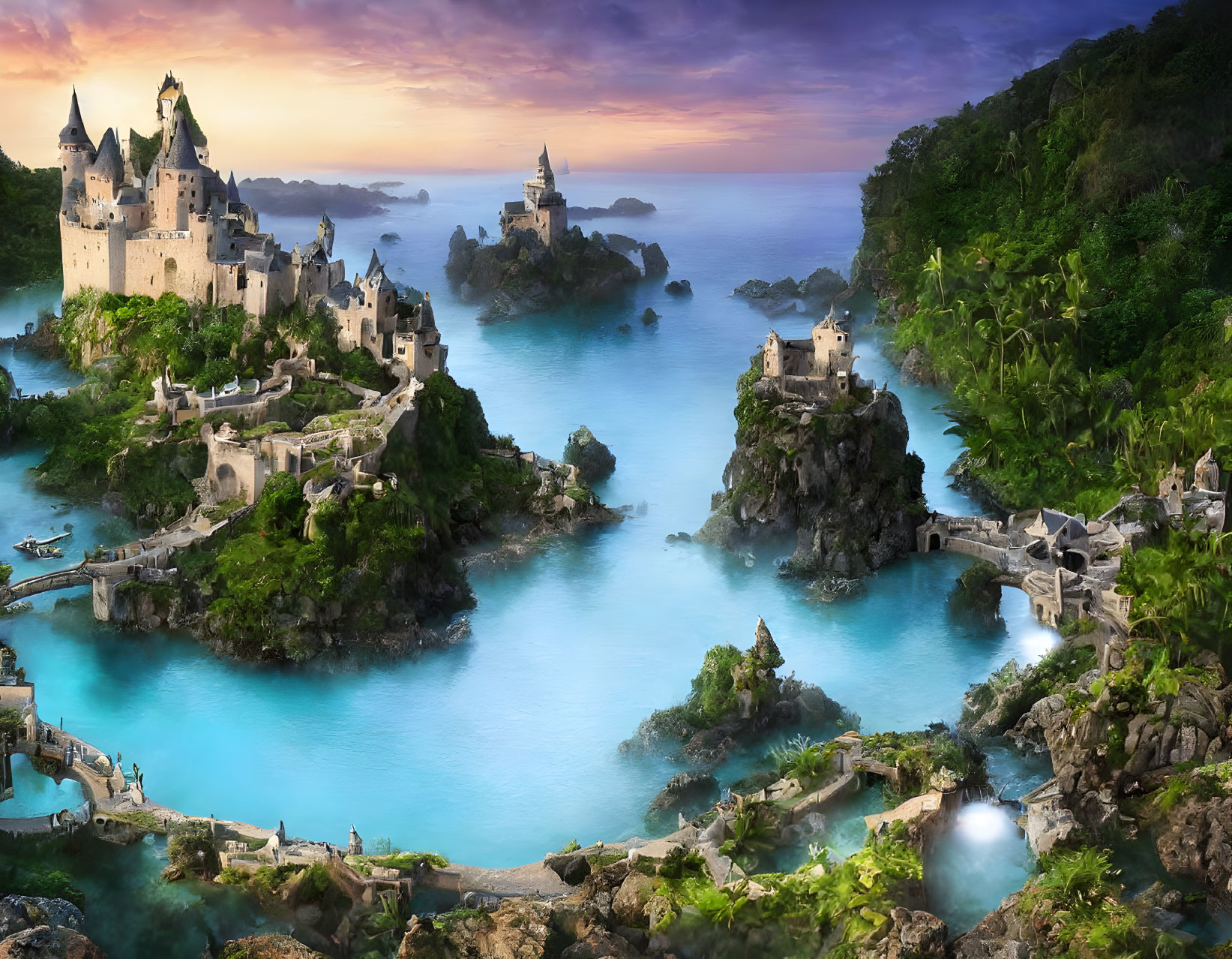 Expansive turquoise sea inlet with ancient castles on lush islands