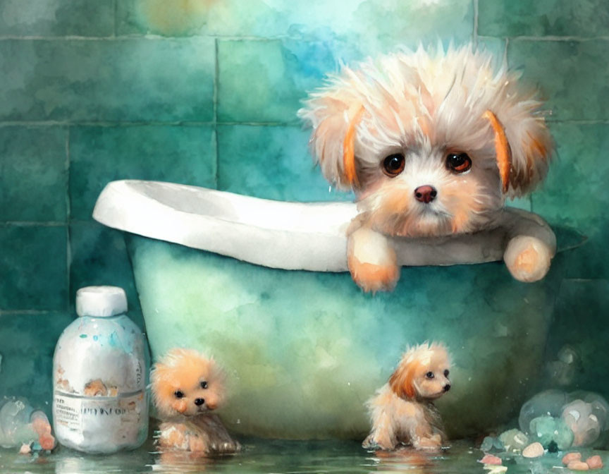 Three adorable puppies in bathtub scene with soap and bubbles in watercolor style