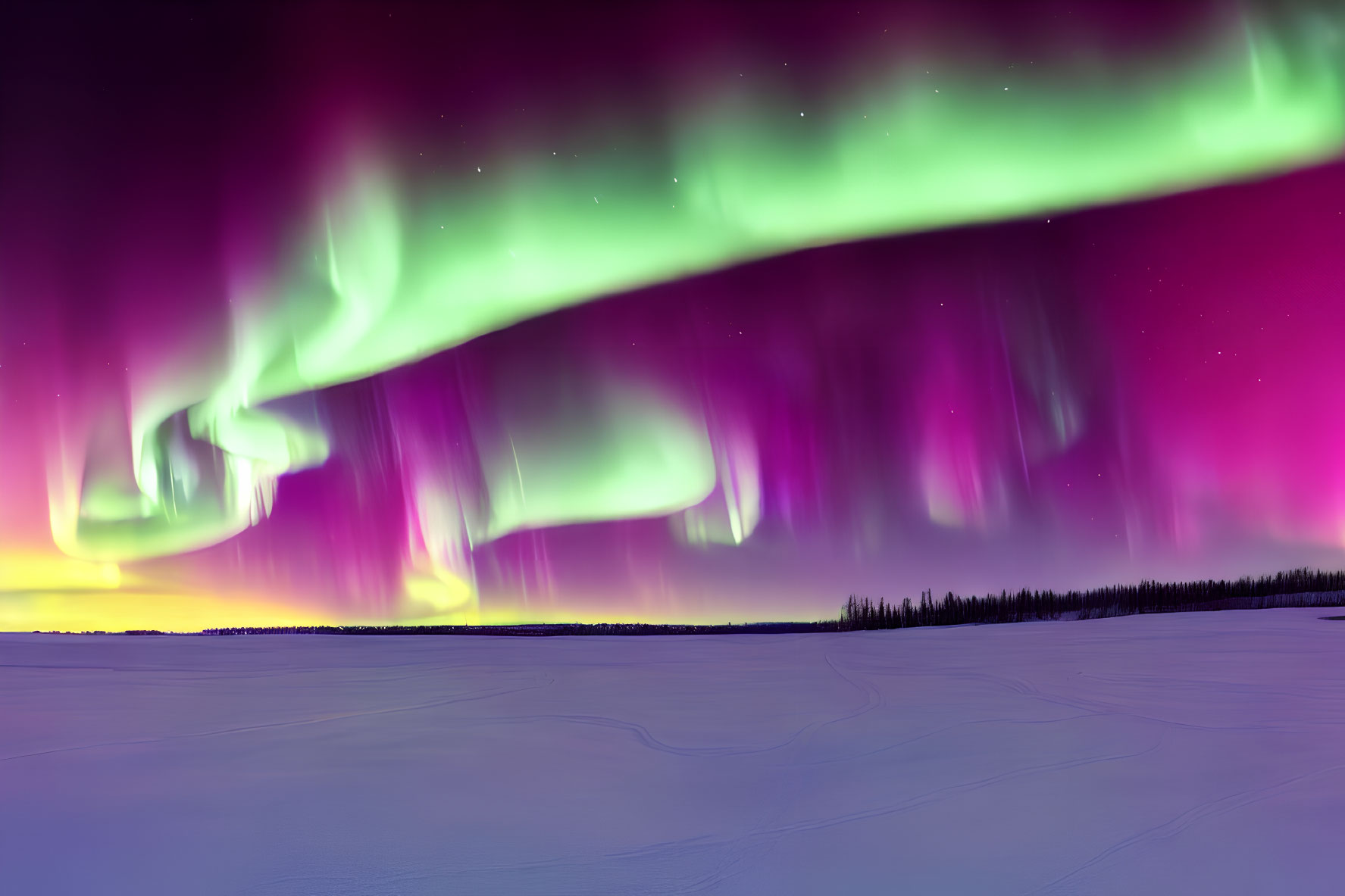 Colorful Aurora Borealis over Snow-Covered Twilight Sky