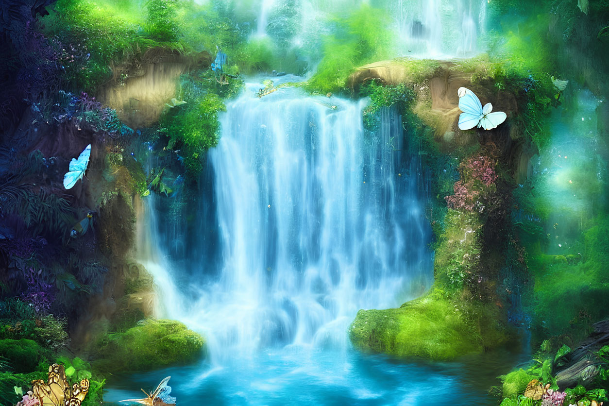 Colorful waterfall scene with lush greenery and fluttering butterflies