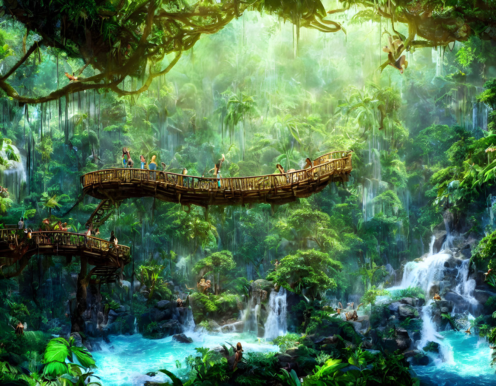 Lush Jungle Scene with Wooden Bridge and Waterfalls