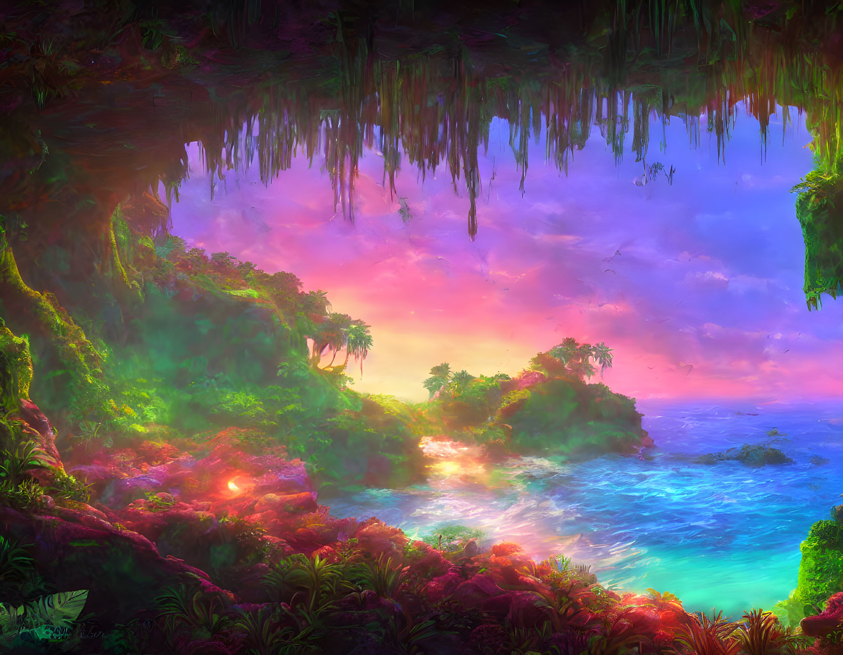 Colorful fantasy landscape with sunset sky, glowing flora, tranquil sea, hidden cave