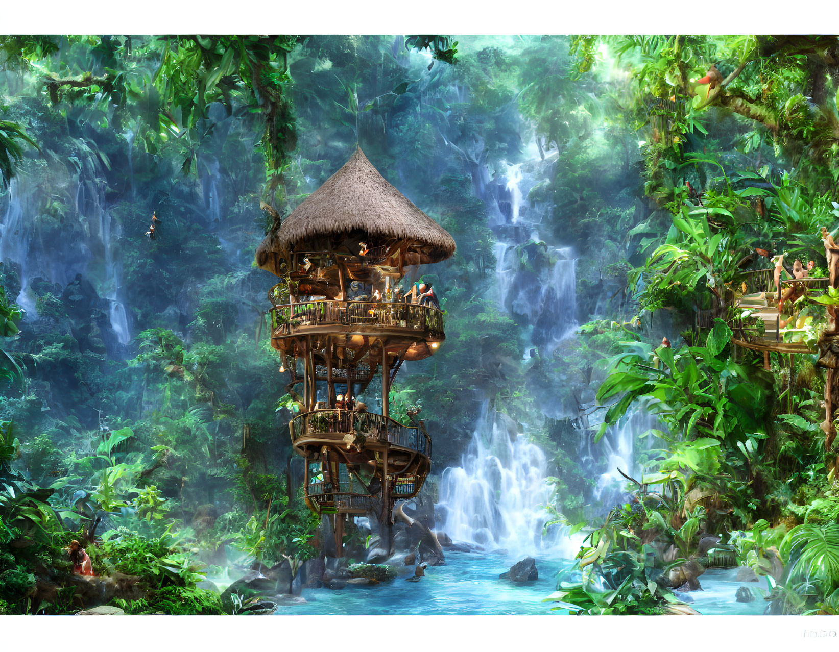 Jungle scene with waterfall, wooden huts, and bridges