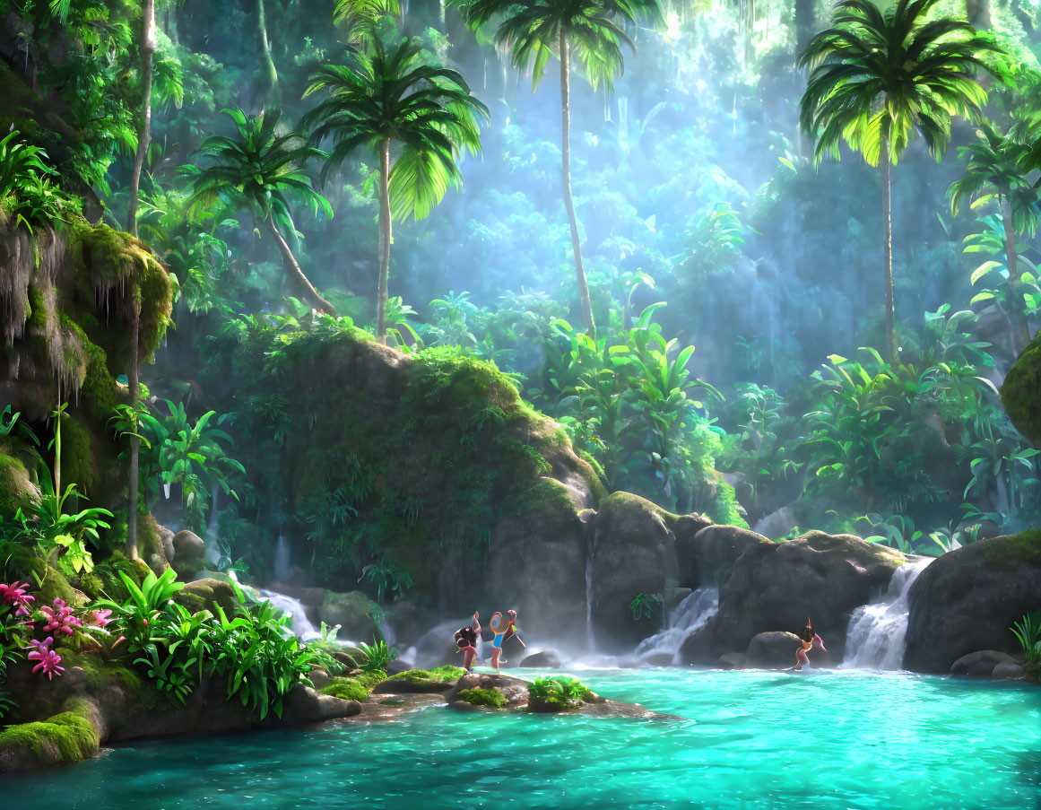 Tropical jungle with lush greenery, turquoise river, and serene waterfall scene