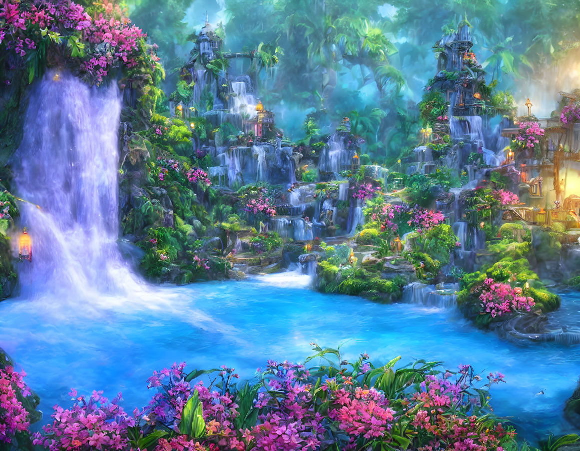 Fantastical landscape with waterfalls, pink flowers, and whimsical structures