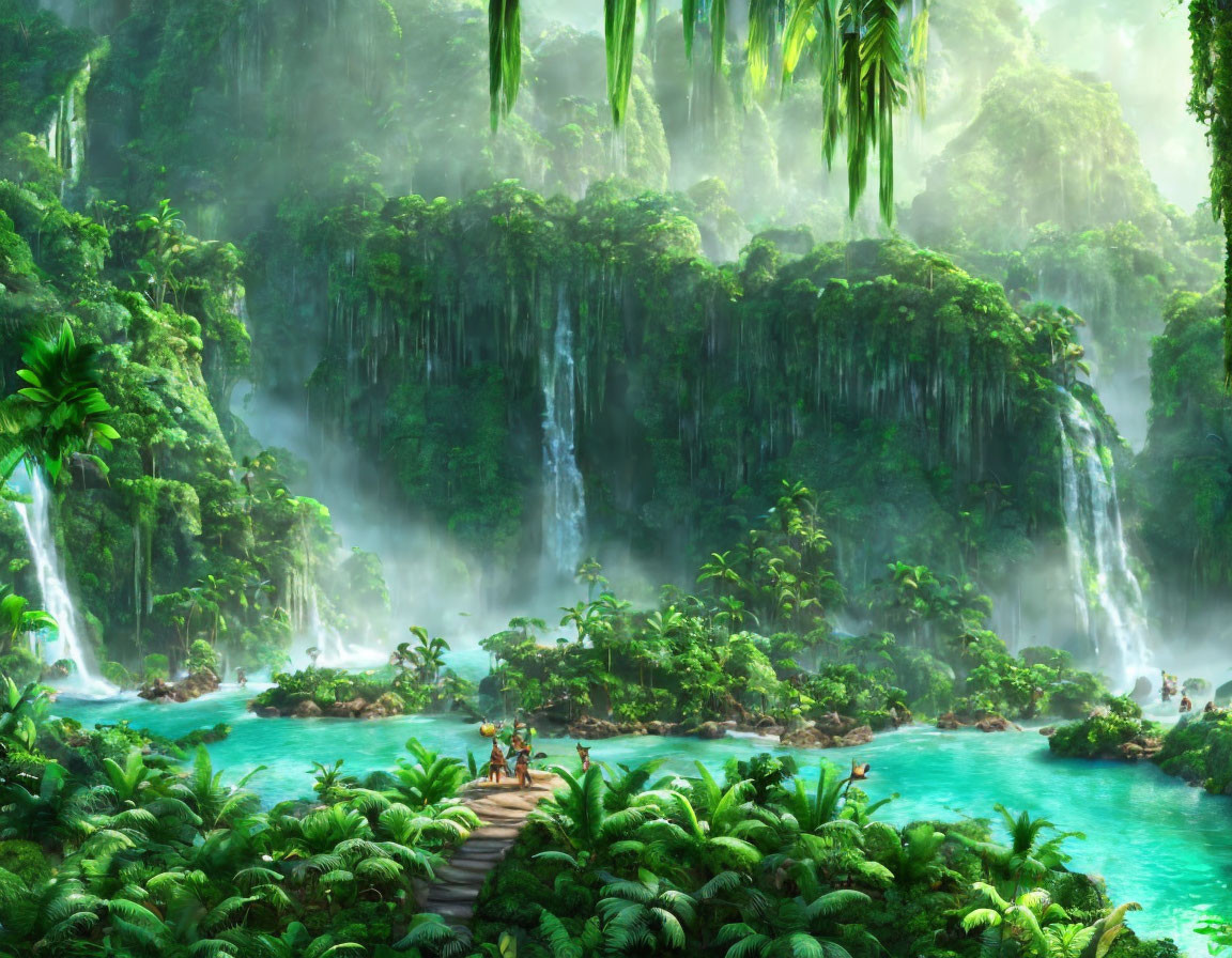 Tropical Forest with Waterfalls, Mist, and Serene Pool