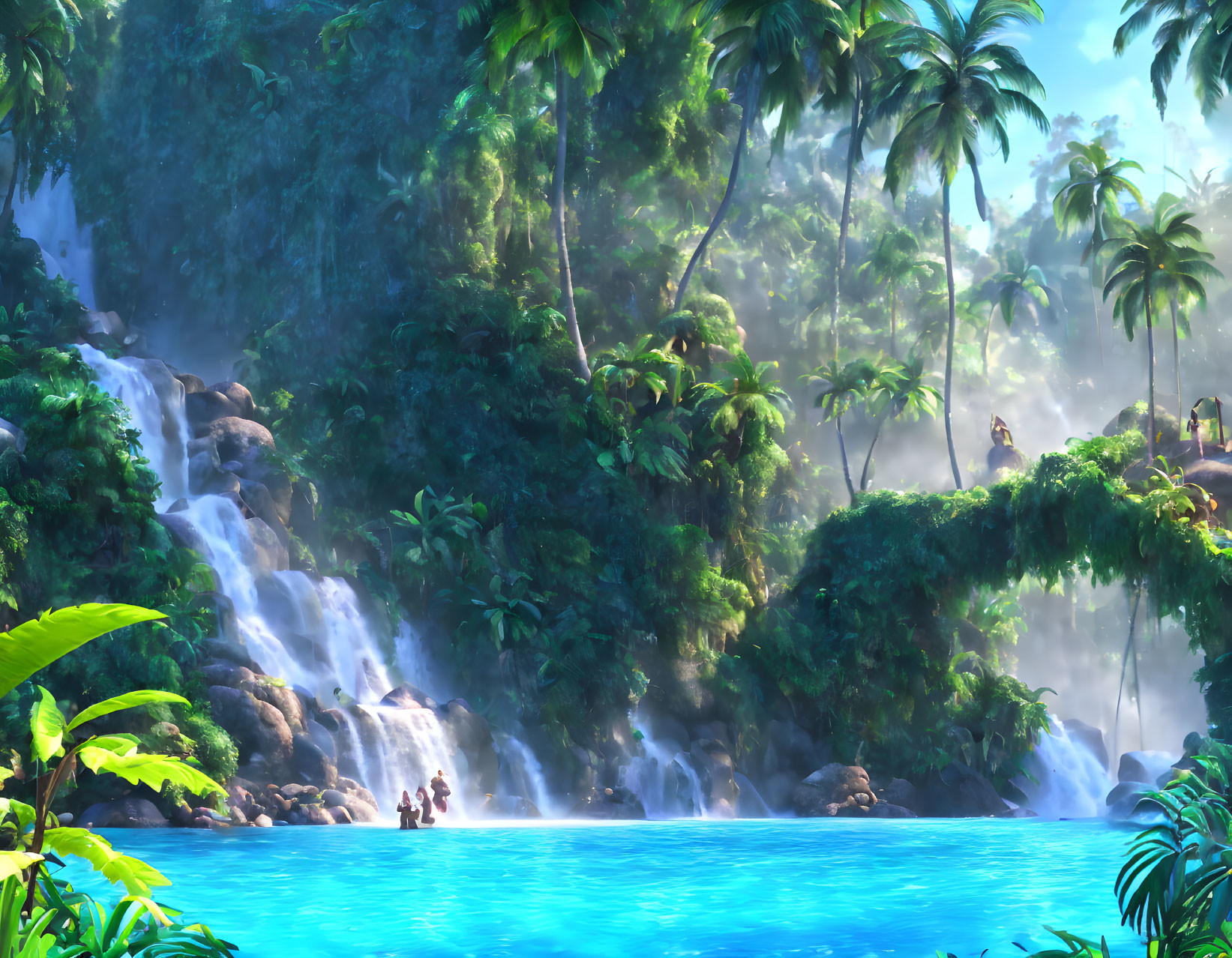 Tropical waterfall with lush greenery and swimmers in blue lagoon