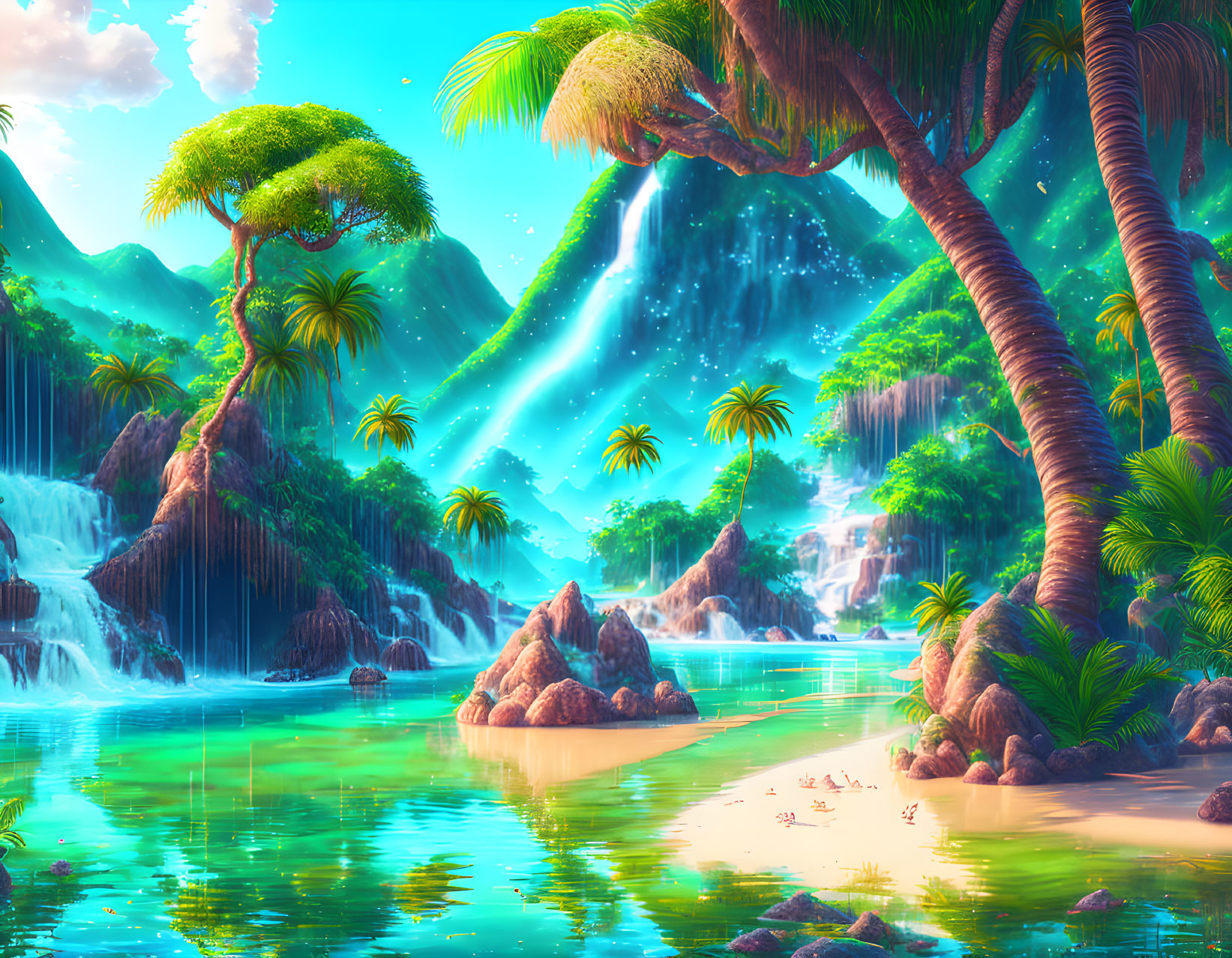 Tropical landscape with palm trees, waterfalls, pools, and rocky formations