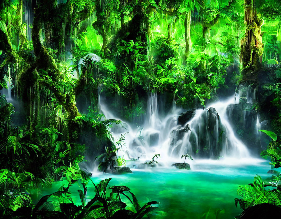 Tropical Rainforest with Cascading Waterfalls and Vibrant Foliage