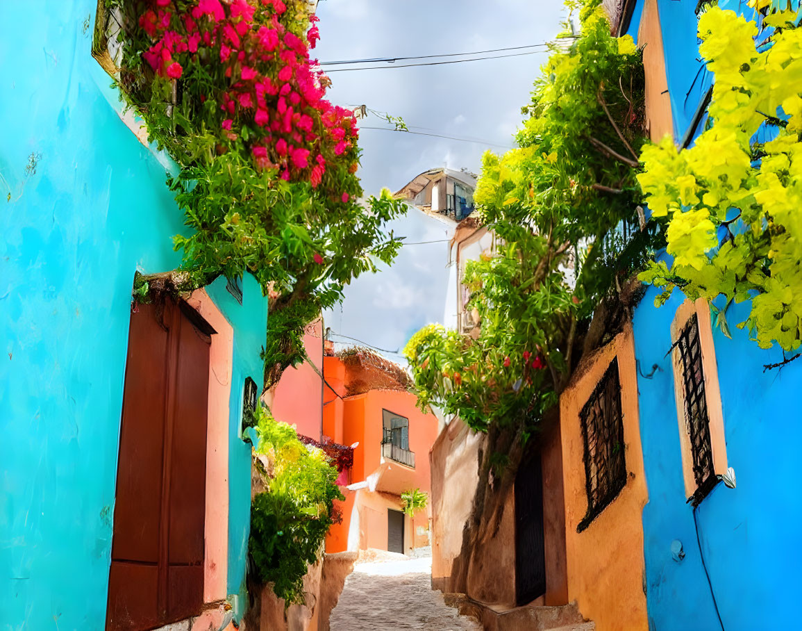 Colorful Alley with Cobblestone Pavement and Flowering Plants