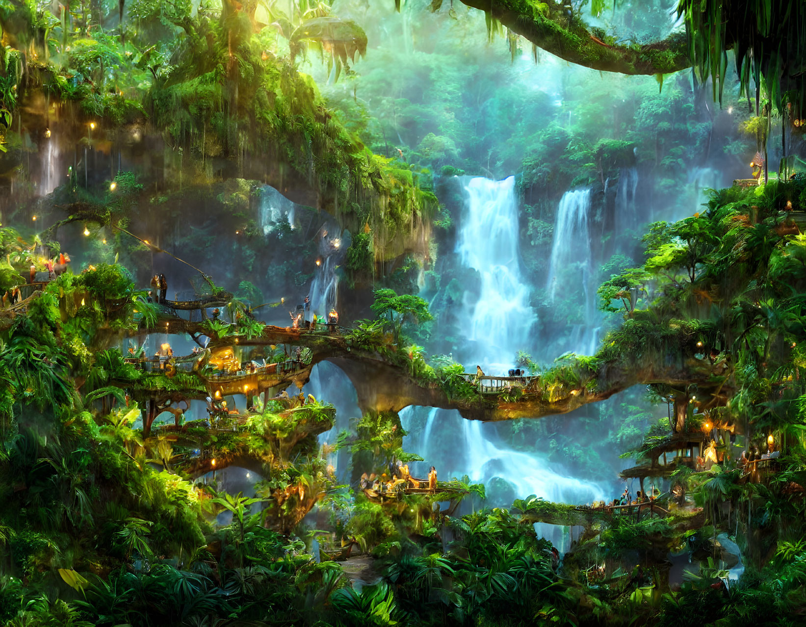 Lush Jungle with Waterfalls and Illuminated Wooden Structures