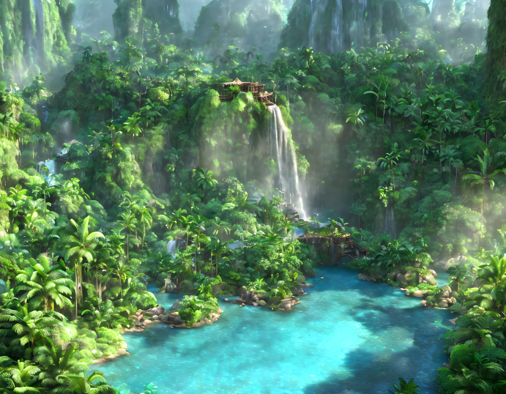 Serene digital artwork of lush jungle with waterfalls