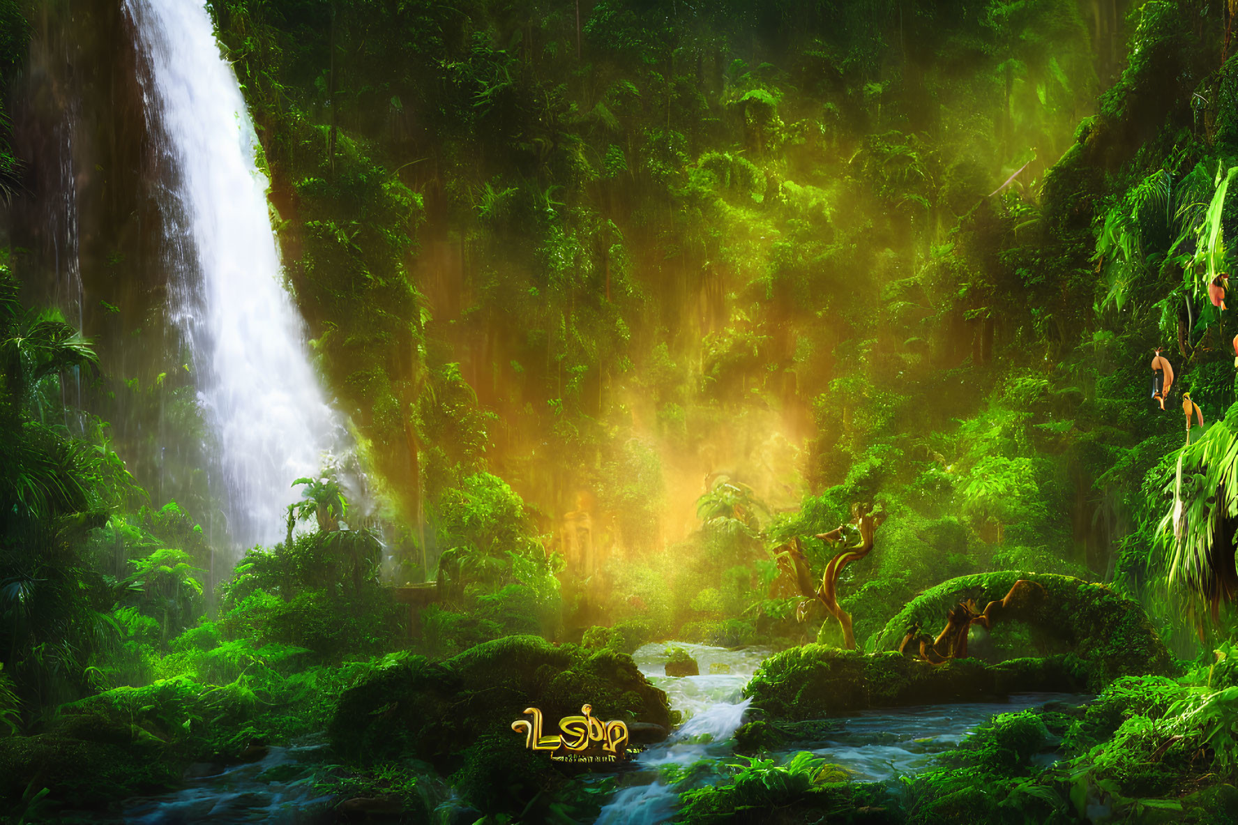 Mystical waterfall in lush green forest with sunlight and serene river