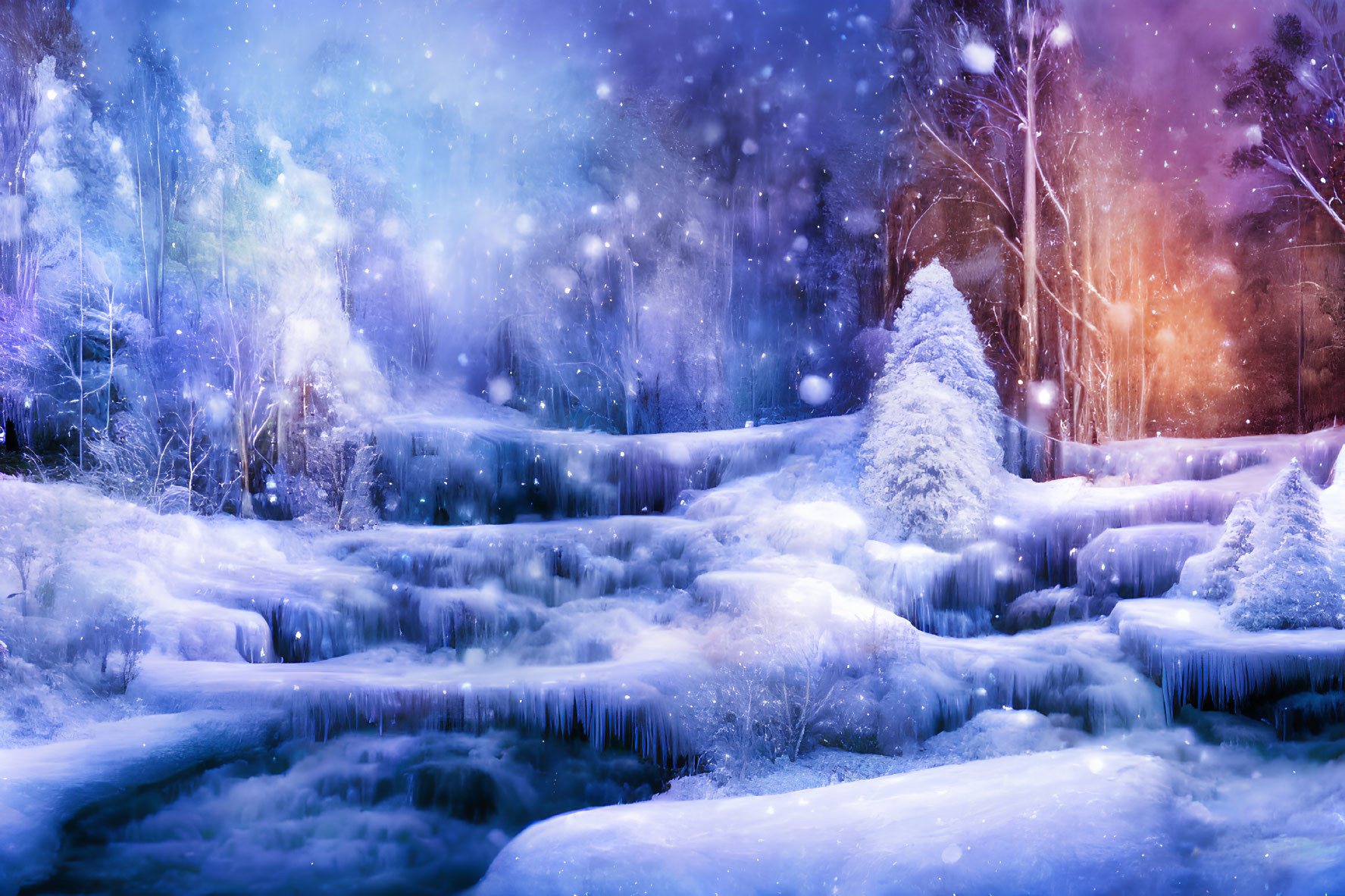 Snow-covered trees, frozen waterfall, colorful sky: Magical winter landscape