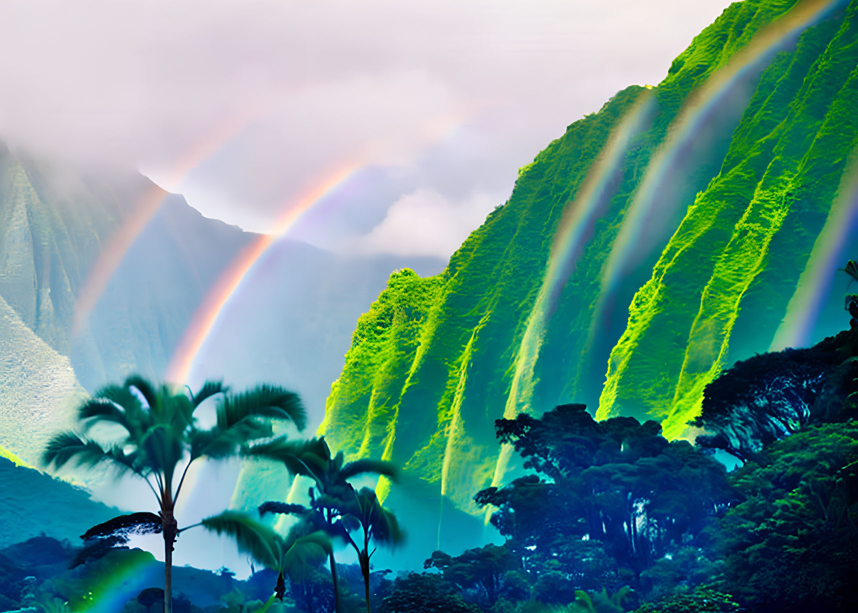 Scenic double rainbow over lush green mountains