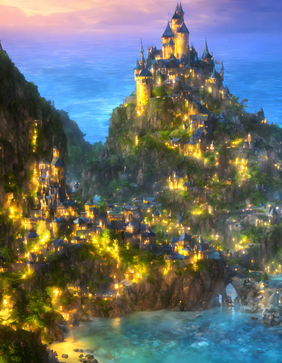 Digital artwork: Magical castle on cliff, village below, warm lights, dusk, serene sea