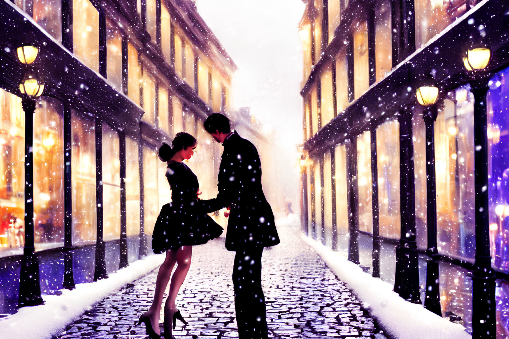 Romantic couple dancing on snowy cobblestone street at twilight