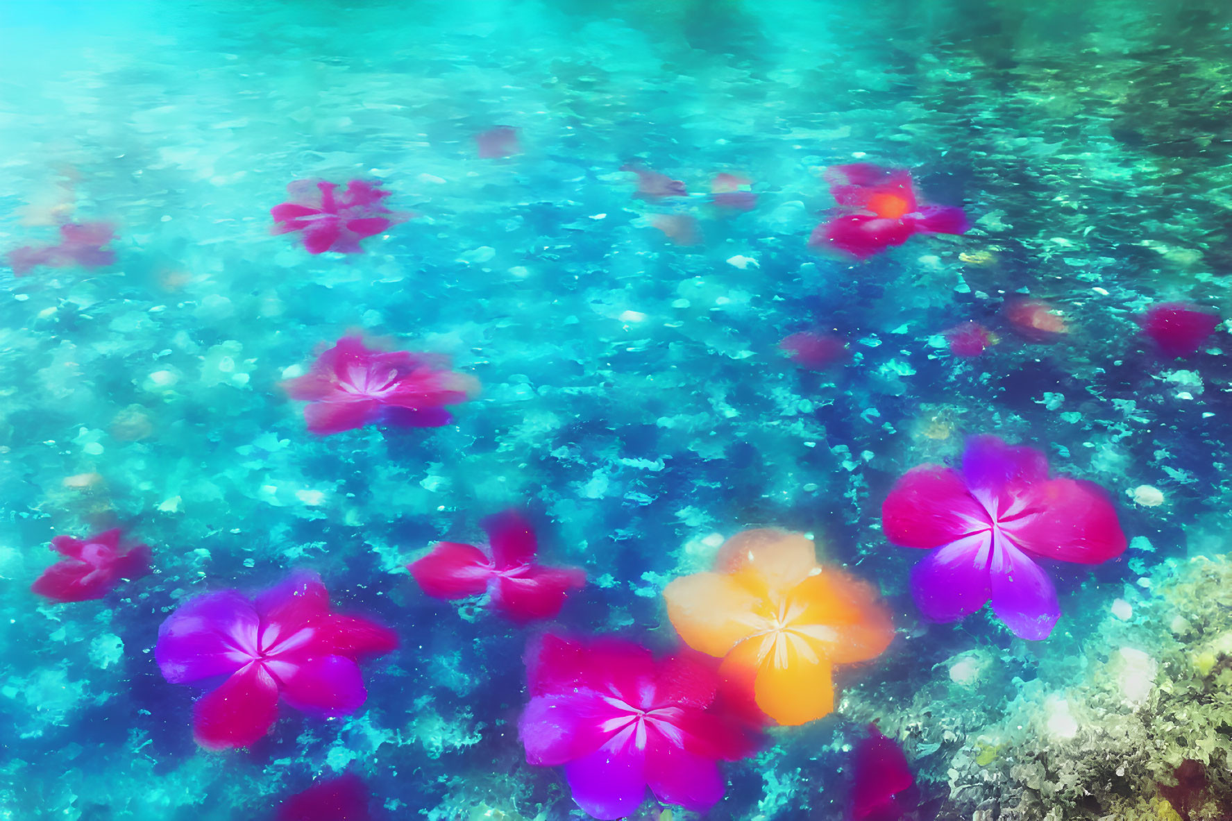 Vibrant Flower Petals Floating on Serene Water Surface